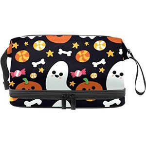 Dubbele Laag Cosmetische Tas Halloween Pompoen Zwart Draagbare Make-up Tas Reizen Organizer Pouch voor Vrouwen Meisjes Toiletartikelen Tassen, Meerkleurig, 27x15x14 cm/10.6x5.9x5.5 in, Make-up zakje