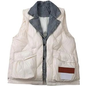 QOUERUUE Plus Size Winter Puffer Vest Vrouwen Casual Mouwloos Button Up Denim Patchwork Warm Gewatteerde Bovenkleding Vesten, Beige, 3XL