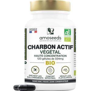 Biologische plantaardige actieve kool, hoge concentratie, 2000 mg/dag, 120 capsules à 334 mg, opgeblazen gevoel, winderigheid, premium kwaliteit, Frans
