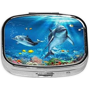 Oceaan Zee Dier Dolfijn Pil Doos 2 Compartiment Geneeskunde Pil Case Draagbare Metalen Geneeskunde Organizer voor Pocket of Portemonnee Decoratieve Pil Doos Uniek Gift