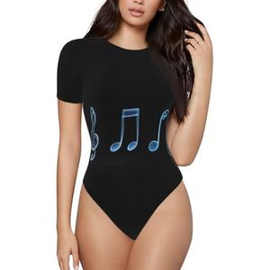 ELSMZXZD Bodysuit met korte mouwen voor dames - muzieknoot print ronde hals bodysuit, rekbaar T-shirt top, casual slim fit turnpakje, 3 D, S