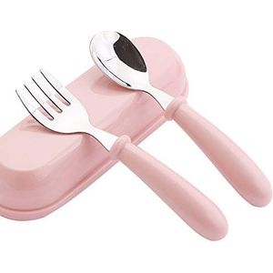 SOOJET Vorken en lepels, roestvrijstalen babybestekset, vork en lepel, bestek voor baby's leren (roze)