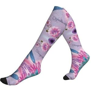 ASFgda Compressie roze bloem en blauwe libelle print sokken voor dames en heren, 15-20 mmhg (1 paar) beste ondersteuning voor hardlopen, fietsen, werk en fitness