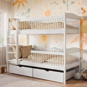 Kids Collective Hoogslaper kinderen, stapelbed, kinderbed | massief grenenhout, 2 laden, veilig en functioneel | maten: 80x180, 90x190, 90x200 cm | 90x190 cm | 90x190 cm van 4 tot 18 jaar | wit