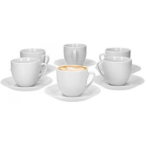 Van Well Trend Set van 6 koffiekopjes met schotel rond, 230 ml kop wit porselein servies
