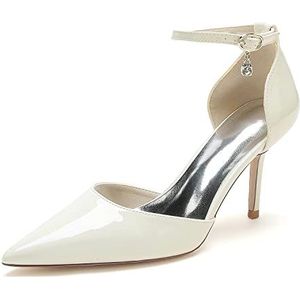 GHSIRUEU Vrouwen Gesloten Puntige Teen Hoge Hakken met Enkelbandje Gesp Lakleer Naaldhakken,Beige,35 EU