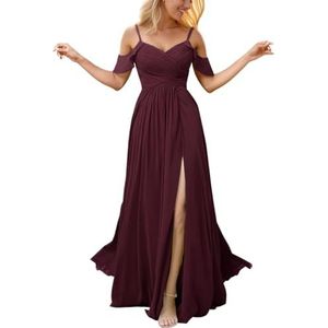 Chiffon galajurken met spleetplooien, bruidsmeisjesjurken voor bruiloft, cocktailjurk, grote maten, Bordeaux, 34