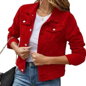 Dames slim fit spijkerjasje, korte casual jasjes voor de herfst, spijkerjasjes met lange mouwen en omgeslagen kraag,Rood,L