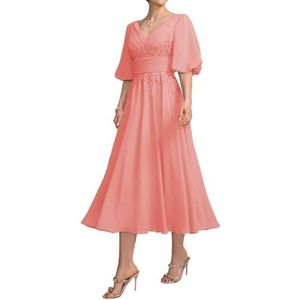 HPPEE Damesjurk voor dames, lange jurk voor moeder van de bruid met kant, applicatie, pofmouwen, chiffon, formele avondjurk, Koraal, 32