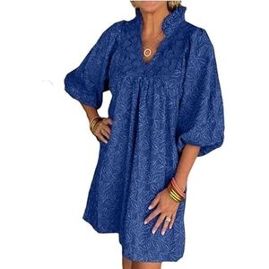 KIKIATA Jacquard mini-jurk met pofmouwen voor dames, schattige babydoll-jurken, modieuze geplooide vloeiende zonnejurk, losse V-hals, bloemenjurken, casual jurken voor vrouwen, bruiloftsgast