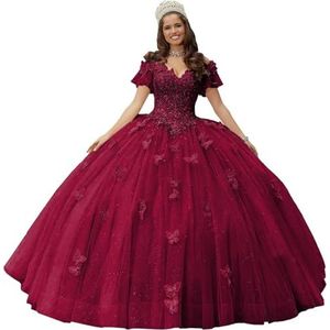 Fuomomo Quinceanera MT052 Jurk met vlinderapplicaties van kant, 3D, glanzend, baljurk, schoudervrij, voor snoep, 15 en 16, verjaardagsjurk van tule, Bourgondië, 44