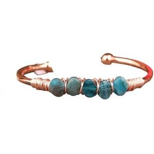 Natuurlijke blauwe kyaniet steen plaat ovale kralen goud koper open manchet Bangle armband verstelbare sieraden for vrouwen (Color : Rose Gold)