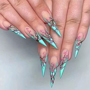 JUSTUSNX 24Pcs Lange Stiletto Franse Nep Nagels Blauwe Valse Nagels Pruim Blossom Lange Stijl Druk Op Nagels Voor Vrouwen En Meisjes
