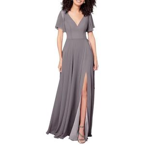HPPEE Jurken voor dames, V-hals, bruidsmeisjesjurk met split, fladdermouwen, chiffon, formele avondjurk, zomerbruidsmeisje, Grijs, 32