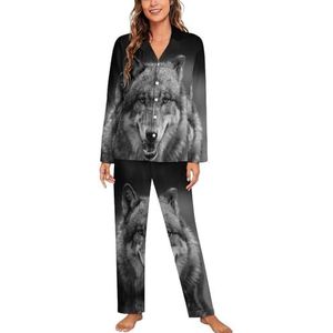Enge Donkergrijze Wolf Lange Mouw Pyjama Sets Voor Vrouwen Klassieke Nachtkleding Nachtkleding Zachte Pjs Lounge Sets