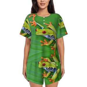 EdWal Dier Kikker Groene Bladeren Print Vrouwen Pyjama Sets Lounge Wear Set Zachte Loungewear Korte Mouwen Pjs En Shorts, Zwart, XXL