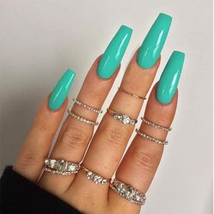 Coffin False Nails Long Fake Nails Ballerina Acrylic Press on Nails Full Cover Stick on Nails 24pcs for Women and Girls，With solid glue, nail lamp (Color : Green, Size : Free size)