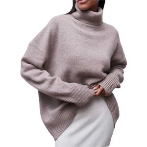 Lmtossey Herfst en winter coltrui gebreide trui voor vrouwen retro chique lange mouwen pullover casual losse trui, Lichtbruin, M