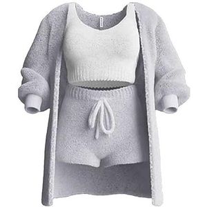 WIWIDANG The Cozy Knit Set, 3-delige set, Cozy Knit Sets Crop Top, Shorts & Long Coat, grijs, M