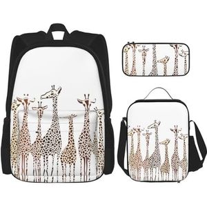 SUHNGE Mooie paarse glitter print lichtgewicht rugzak set van 3 stuks (etui schooltas lunch tas combinatie), Leuke cartoon grappige giraffes, Eén maat