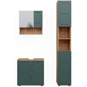 Vicco Irma Badkamermeubelset, eiken, groen, 3-delige set, hoge kast, wastafel en kast, 60 cm