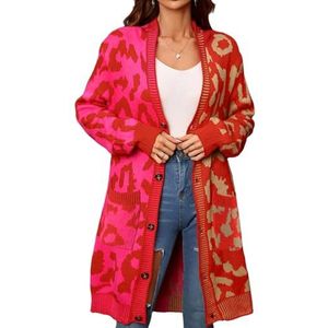 Dames Lange Mouwen Truien Zacht Gebreid Luipaard Open Voorkant Lange Mouw Cardigan Buitenkleding(Red,L)