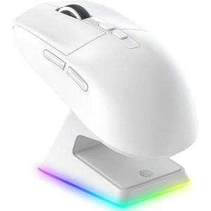 VGN GAMEPOWER Superlight X6 draadloze gamingmuis, oplaadstation, 49 g, ultralicht, gamingmuis, 26,000 dpi, sensor PixArt 3395, 2,4 G/bedraad/Bluetooth, batterij 200 uur, PC/Mac, wit