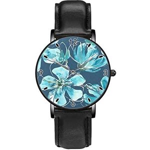 Blauwe Bloem PetalWatches Persoonlijkheid Business Casual Horloges Mannen Vrouwen Quartz Analoge Horloges, Zwart