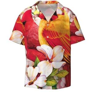 TyEdee Red Birds Design Print Heren Korte Mouw Overhemden met Zak Casual Button Down Shirts Business Shirt, Zwart, M