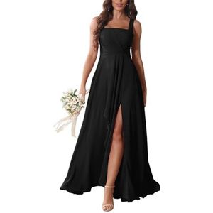 KURFACE Chiffon bruidsmeisjesjurken met split ruches lange bruidsmeisje vloerlengte formele avondjurk, Zwart, 32
