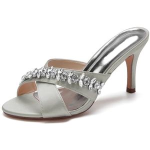 SYDZSW Ivoor trouwschoenen met naaldhak, bruidsschoenen, hoge hakken, satijn, sandaal, riem met strass, 35-42, Zilver, 35 EU