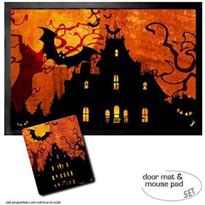 1art1 Halloween, Spooky House And Blood Moon Deurmat (60x40 cm) + Muismat (23x19 cm) Cadeauset