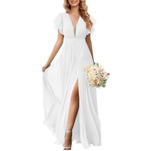 KURFACE Flutter mouw V-hals chiffon bruidsmeisjes jurken voor vrouwen met split ruches lange formele jurk avondjurk, Wit, 32