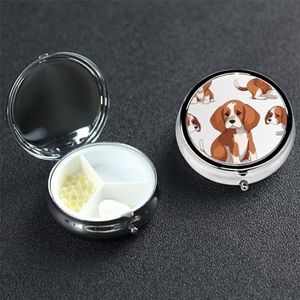 Beagle Hondenpillendoos, pillendoosje met 3 vakken, voor portemonnee of zak, kleine medicijnorganizer met spiegel, reispillendoos, decoratieve metalen vitaminecontainer, uniek cadeau