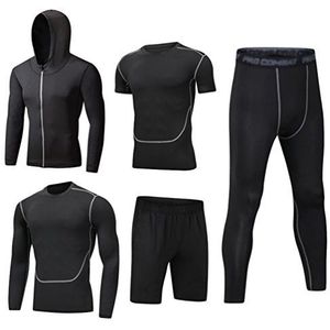 Dooxi Heren 5 stuks sport gym fitness kleding set, hoodies jassen met lange mouw of korte mouw basislagen T-shirts, losse fitting shorts, compressie broek voor workout training running trainingspakken, Stijl1, L