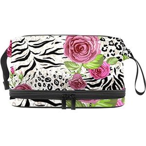 Grote capaciteit reizen cosmetische tas, dierlijke huid en rozen bloem patroon, make-up tas, waterdichte make-up tas organisator, Meerkleurig, 27x15x14 cm/10.6x5.9x5.5 in