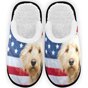 Pantoffels voor dames, Amerikaanse vlag hond pluche voering comfort warm koraal fleece dames huis pantoffels voor binnen buiten spa