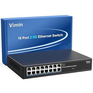 2.5G Switch Unmanaged, Vimin 16-poorts 2,5 GB Base-T Ethernet-schakelaar, 2,5 Gb netwerkswitch Plug & Play, compatibel met 10/100/1000/2500Mbps, metalen behuizing, zonder ventilator, voor 2,5 Gbps NAS