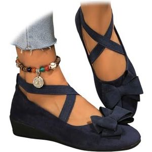 Comfortabele elastische gekruiste bandjes voor dames, instappers, ballerina's voor dames, elastische kruisband, ronde teen, comfortabele pomp, Boog Blauw, 35.5 EU