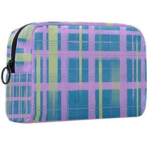 Make-up tas,draagbare cosmetische tas,Paarse Blauwe Geruite Strepen,Travel Makeup Case Organizer voor vrouwen met handvat