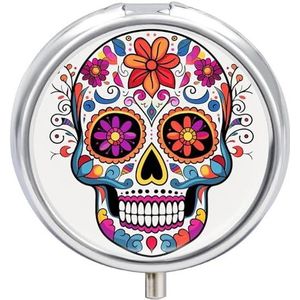 Suiker schedel pillendoos 3 compartimenten reizen pillenorganisator 3 keer per dag schattige mini pillenetui voor portemonnee en zak draagbare metalen medicijndoos met spiegel ronde dagelijkse