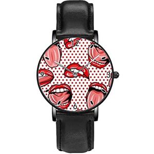 Art Rode Mond Lip Tong Dot Patroon Horloges Persoonlijkheid Business Casual Horloges Mannen Vrouwen Quartz Analoge Horloges, Zwart