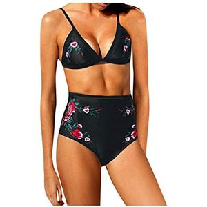 Lazzboy Dames Push-up Gewatteerde Strand Bikini Badpak Badmode Met Bloemenprint Dames Halter Bikinislip Ruches Bikinibroek Tweedelige Tankini, zwart, XL