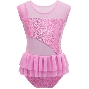 NihaoWXM Turnpakje voor meisjes, glanzende pailletten, balletdanspakje, ruches, mesh, sport, gymnastiek, work-out, bodysuit voor podiumoptredens, danskostuum, roze, 36