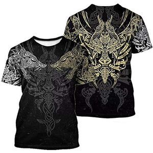 Zomer Heren Viking Tattoo T-Shirt 3D Gedrukt Korte Mouw, Noorse Odin Raven Fenrir Wolf Draak Ronde Hals Vintage Casual T-Shirts, Celtic Pagan Fashion Streetwear,Wolf,L