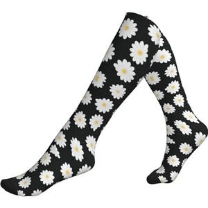 ASFgda Compressie Witte Daisy 2 Print Sokken Voor Vrouwen & Mannen, 15-20 mmhg (1 paar) Beste Ondersteuning Voor Hardlopen, Fietsen Werk En Fitness