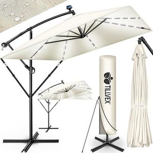 tillvex® Aluminium Parasol rechthoekig Ø 330 cm met led-zonne-energie + afdekking met zwengel | Zweefparasol met standaard en windscherm, uv-bescherming, waterdicht, 360 graden draaibaar