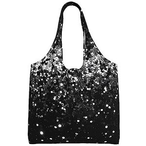 YNCATXZ Zwart wit glitter canvas draagtas voor vrouwen esthetische boodschappentassen schoudertas herbruikbare boodschappentassen, Zwart, Eén maat