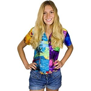 King Kameha Funky Hawaiiblouse voor dames, korte mouwen, voorzak, Hawaii-print, strand, surf patroon, Surf bruin turquoise, XXL