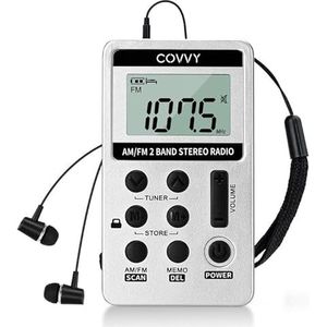 AM/FM draagbare radio, Covvy digitale mini-radio met 500 mAh 3,7 V oplaadbare batterij en hoofdtelefoon (wit)